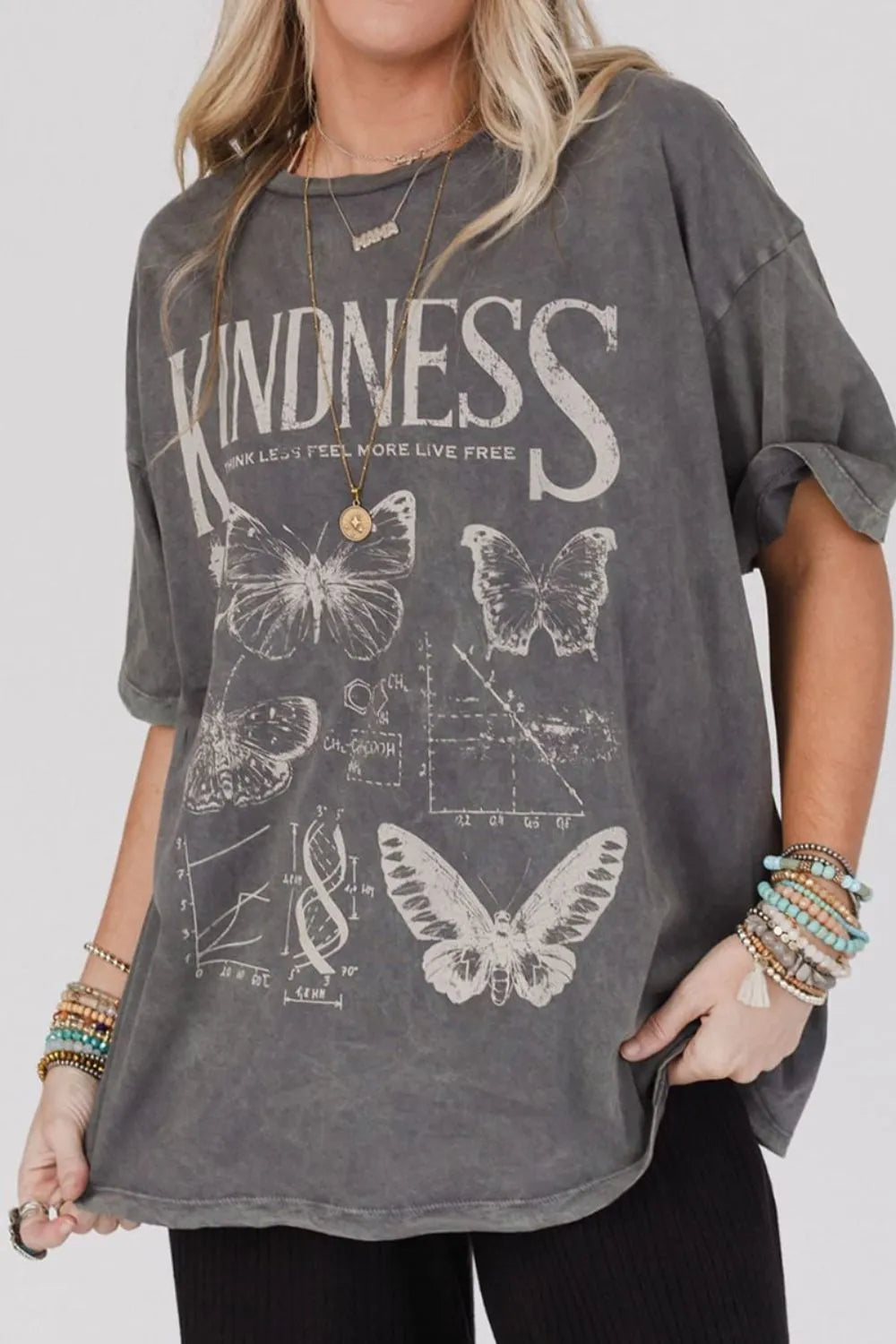 Kindness Butterflies Graphic Mineral Wash Loose Tee- Dark Gray