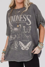 Kindness Butterflies Graphic Mineral Wash Loose Tee- Dark Gray
