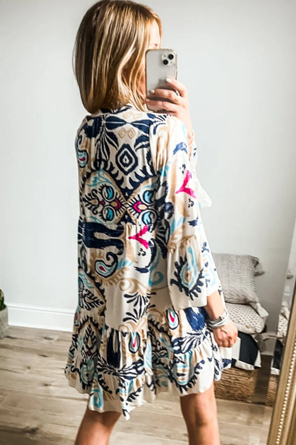 Printed Notched Three-Quarter Sleeve Mini Dress-Khaki-Beige-Floral