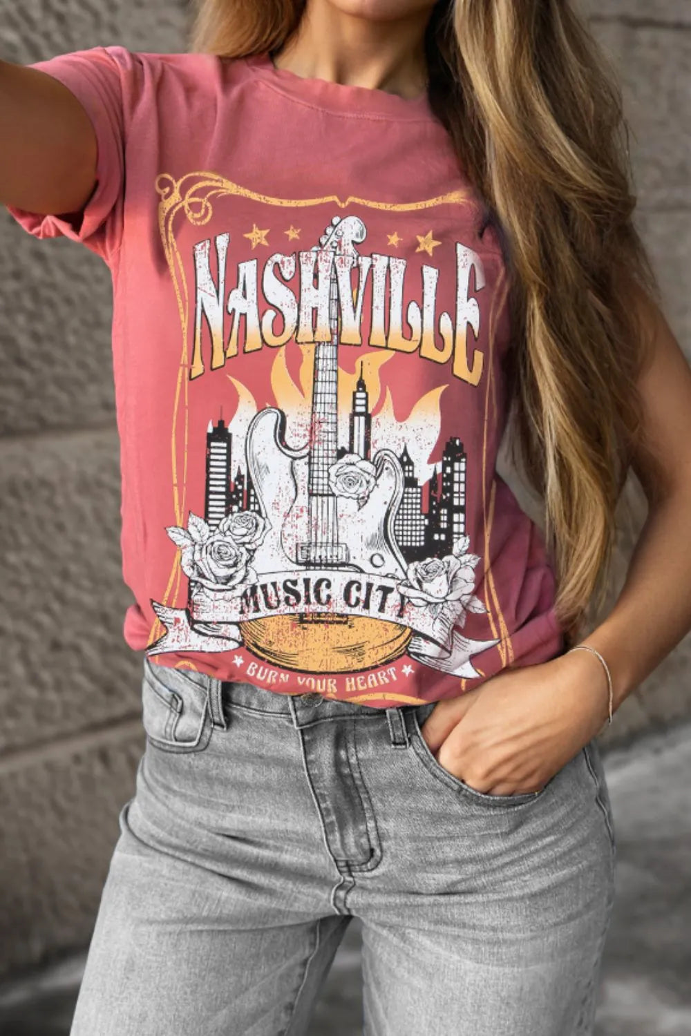 Mineral Nashville Music City Graphic Retro T-Shirt-Burn Coral- Pink