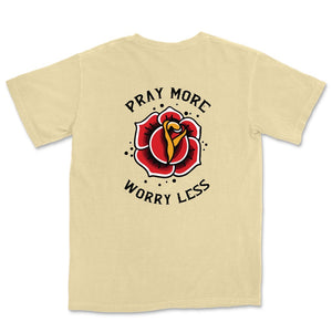 Comfort Colors Butter Men Graphic Rose on Back Vintage T-Shirt Pray More Worry Less