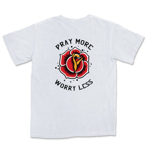 Comfort Colors Men White Rose on Back Graphic Vintage T-Shirt Pray More Worry Less