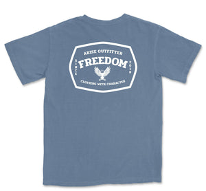 Comfort Colors Freedom Men Blue Jean Graphic Vintage T-Shirt with Eagle on front and back 