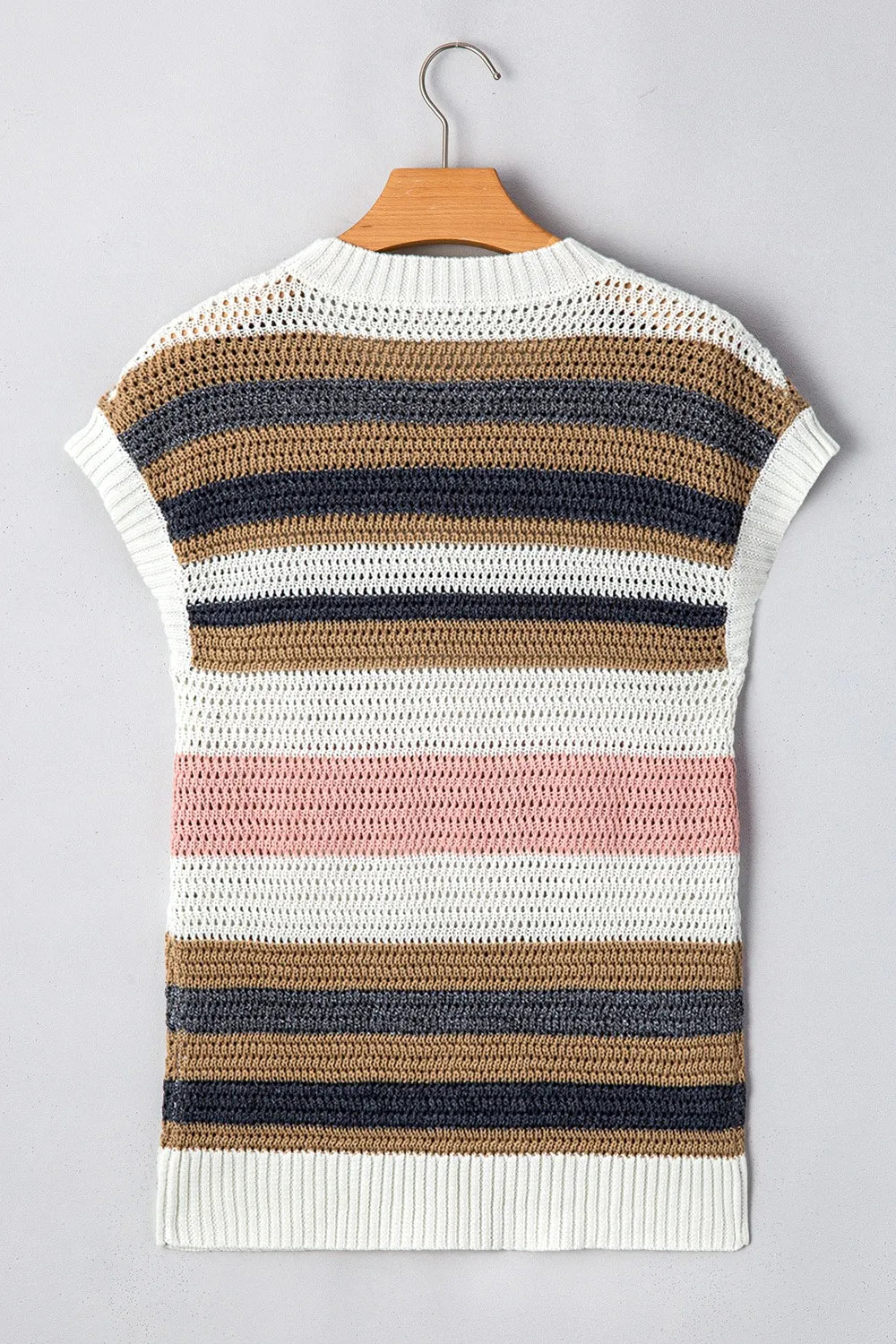 Stripe Color Block Eyelet Knit Short Sleeve Knit Top- Dusty Pink