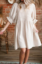 Textured Ruffled Puff Sleeve Loose Dress- Beige- Khaki