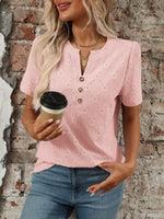 Eyelet Notched Short Sleeve Top- Blush Pink