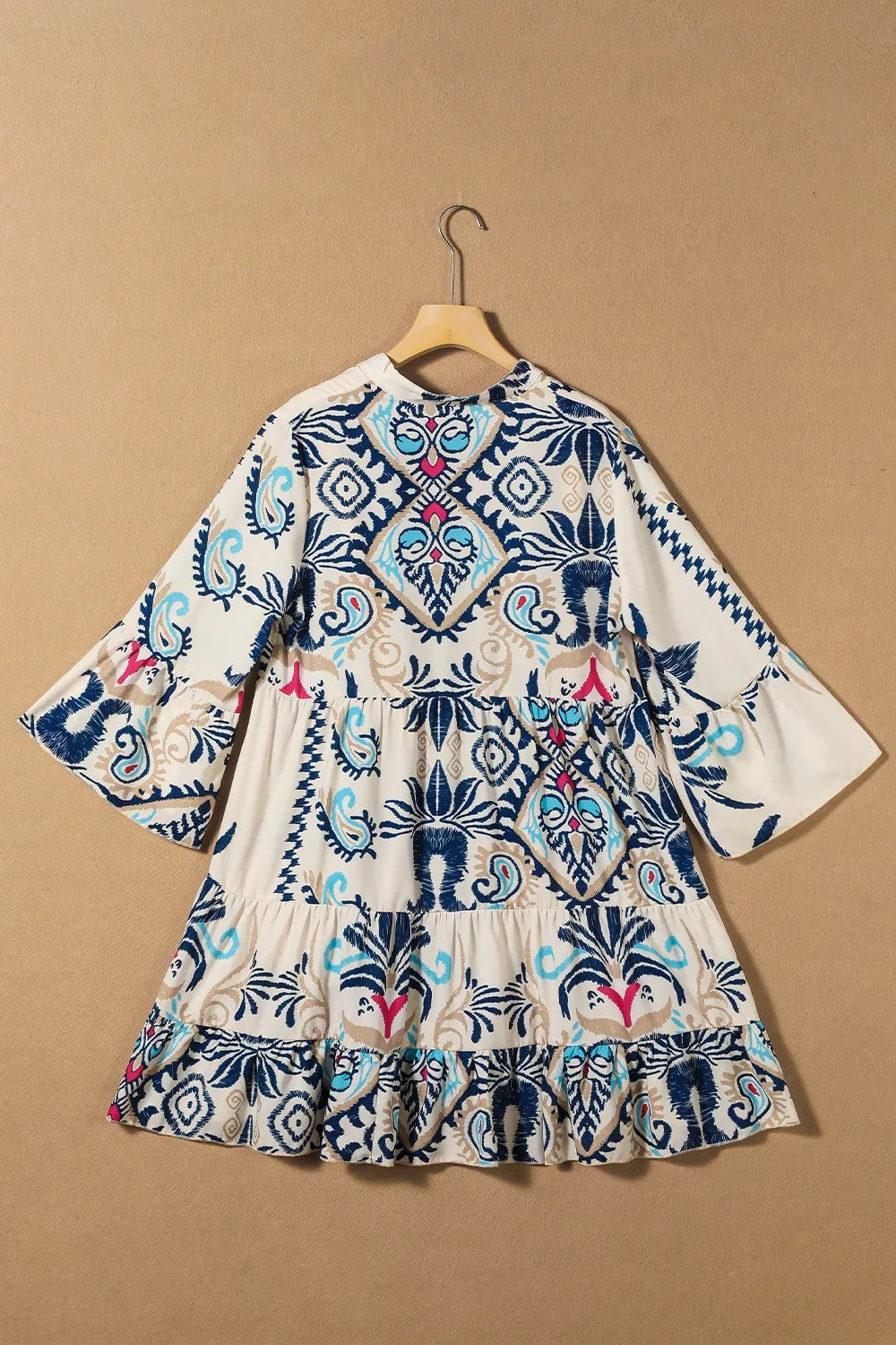Printed Notched Three-Quarter Sleeve Mini Dress-Khaki-Beige-Floral