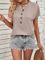 Half Button Short Sleeve Top- Mocha