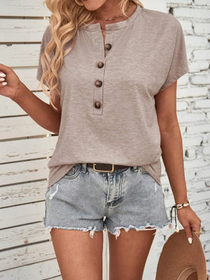Half Button Short Sleeve Top- Mocha
