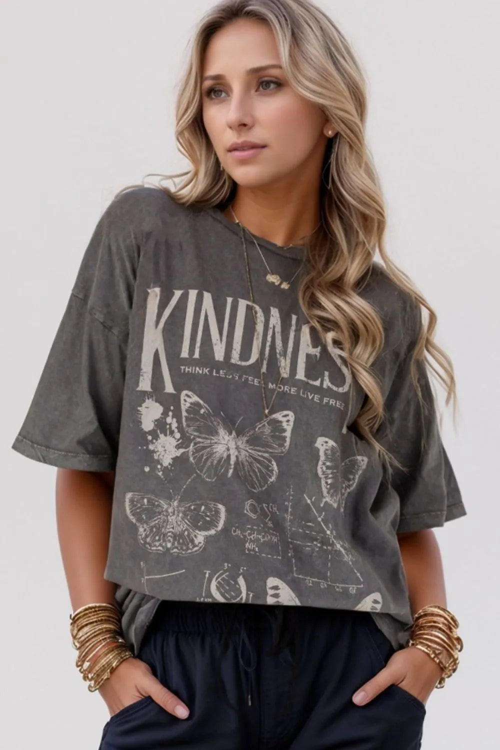 Kindness Butterflies Graphic Mineral Wash Loose Tee- Dark Gray