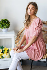 Heimish Full Size Waffle Knit V-Neck Babydoll Top- Rose- Pink