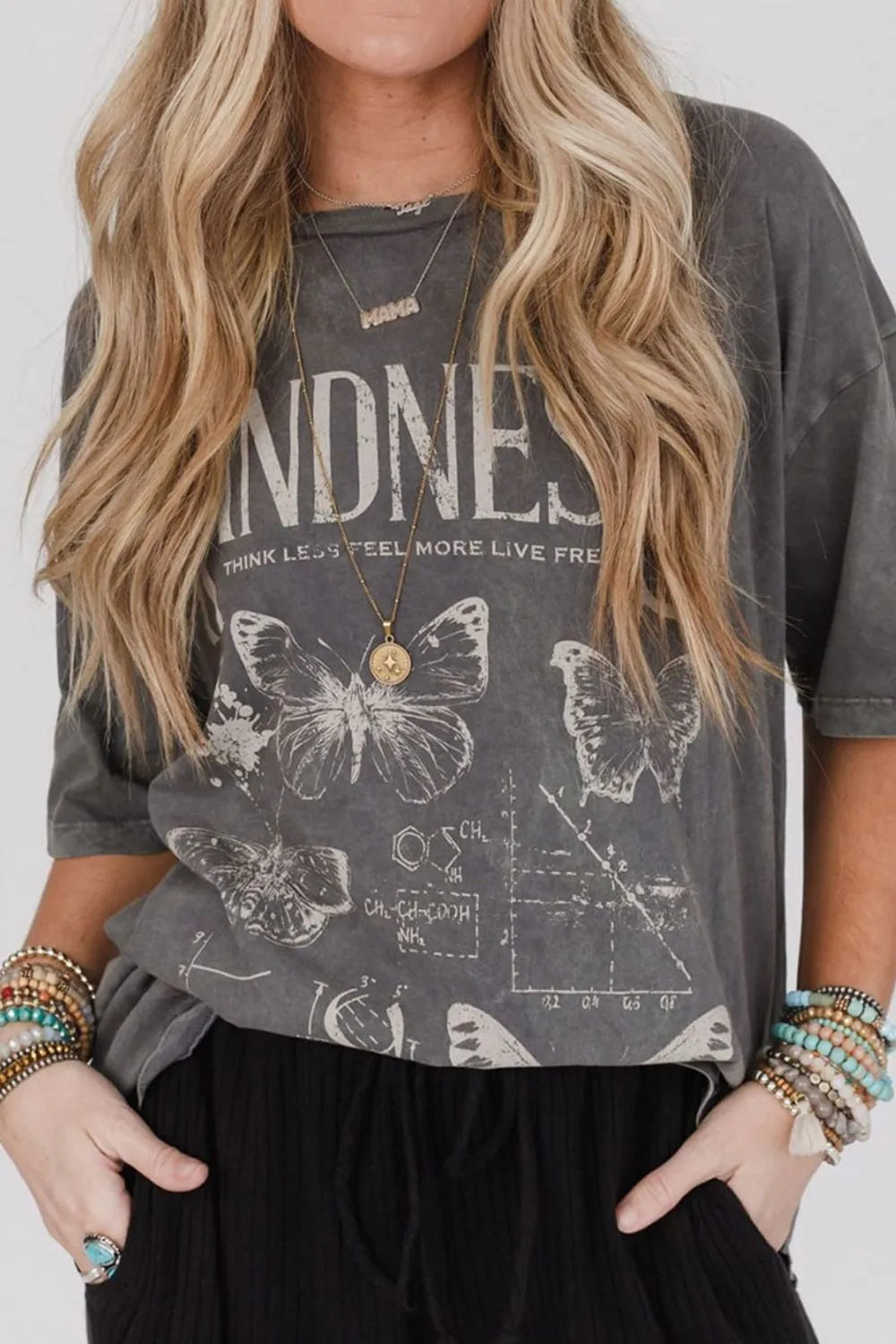 Kindness Butterflies Graphic Mineral Wash Loose Tee- Dark Gray