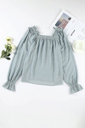 Frill Trim Flounce Sleeve Blouse- Sage
