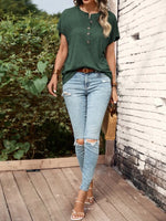 Half Button Short Sleeve Top- Dark Green