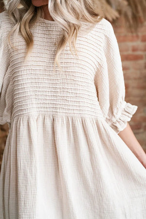 Textured Ruffled Puff Sleeve Loose Dress- Beige- Khaki