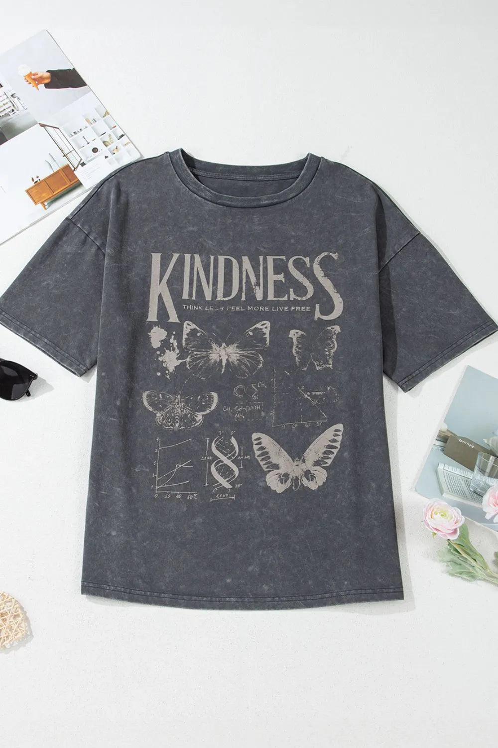 Kindness Butterflies Graphic Mineral Wash Loose Tee- Dark Gray
