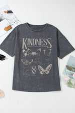 Kindness Butterflies Graphic Mineral Wash Loose Tee- Dark Gray