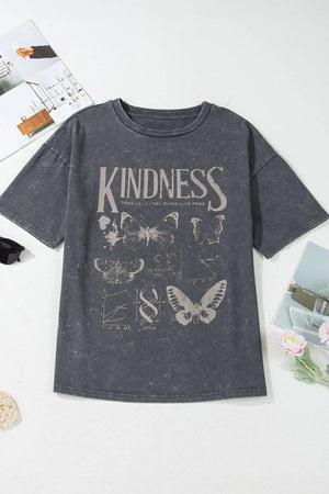 Kindness Butterflies Graphic Mineral Wash Loose Tee- Dark Gray