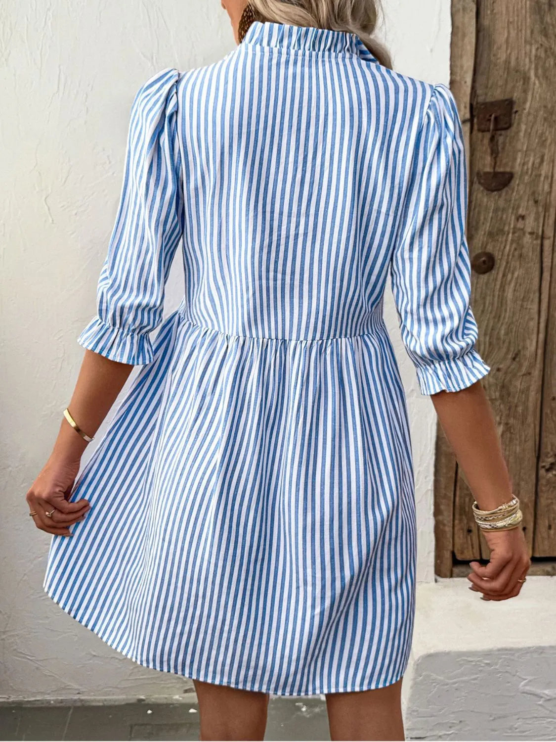 White Summer Dress With Sleeves Casual Striped Mini Dress With Flared Sleeves Casual Summer Vibes White Summer Dress With Sleeves Casual Striped Mini Dress With Flared Sleeves Casual Summer Vibes