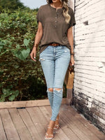 Half Button Short Sleeve Top- Chocolate