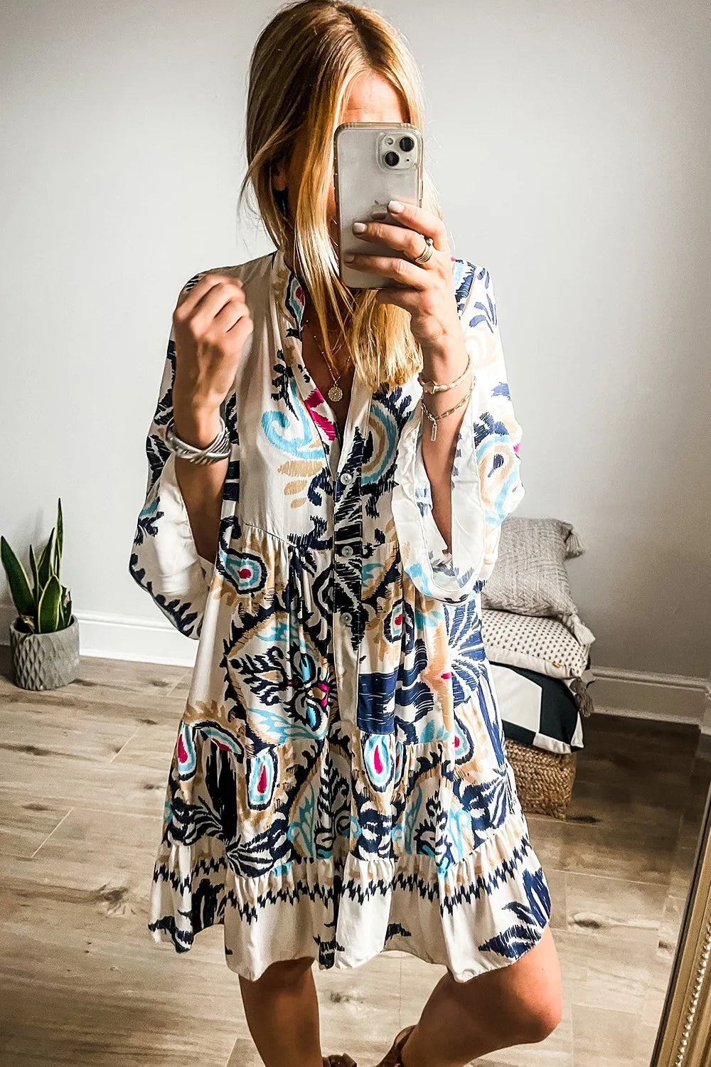 Printed Notched Three-Quarter Sleeve Mini Dress-Khaki-Beige-Floral