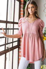 Heimish Full Size Waffle Knit V-Neck Babydoll Top- Rose- Pink