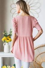 Heimish Full Size Waffle Knit V-Neck Babydoll Top- Rose- Pink