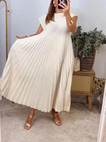 Full Size Pleated Round Neck Maxi Dress Plus Size- Khaki