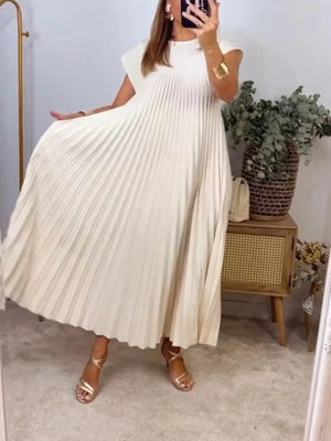 Full Size Pleated Round Neck Maxi Dress Plus Size- Khaki