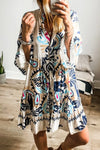 Printed Notched Three-Quarter Sleeve Mini Dress-Khaki-Beige-Floral