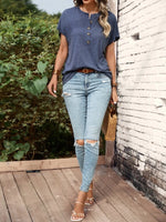 Half Button Short Sleeve Top- Dusty Blue