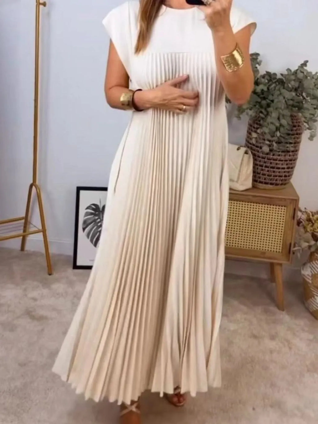 Full Size Pleated Round Neck Maxi Dress Plus Size- Khaki